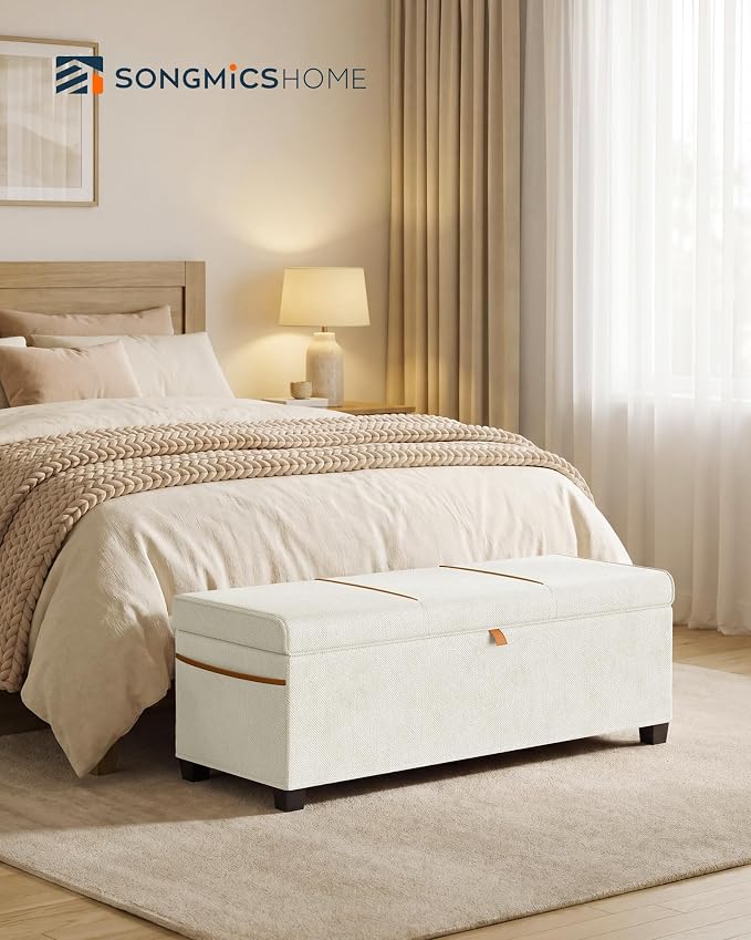SONGMICS Home Storage Ottoman, 27 Gallons End of Bed Bench, 15.9 x 43.5 x 15.9 Inches, for Bedroom, Entryway, Living Room, White