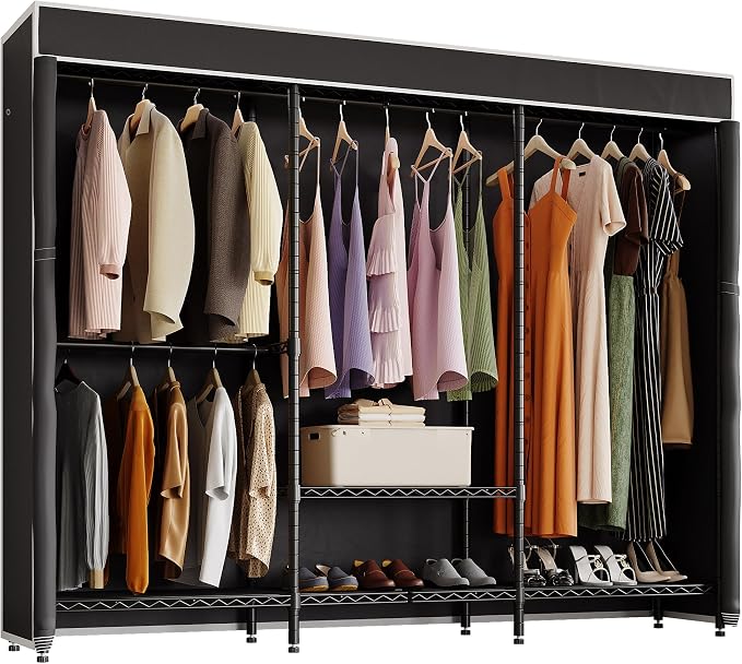 Higeego H8 Heavy Duty Clothes Rack with Cover, Black Portable Closet | Garment Rack with Cover, Clothing Rack for Hanging Clothes, Black Closet Rack with Oxford Dustproof Cover, Closet Organizer