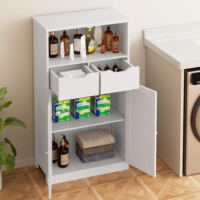 Walsunny Floor Storage Cabinet, Organizer with Doors and Drawers, Freestanding Side Cupboard Pantry with Adjustable Shelf for Bathroom/Living Room, White