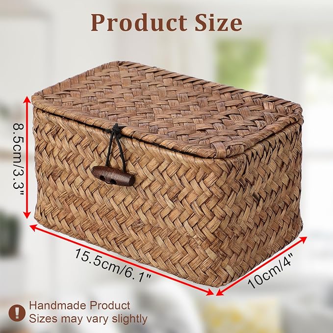 Small Wicker Basket with Lid, Seagrass Organizer, 6.1" x 4" x 3.3" | Handwoven Wicker Storage Basket, Multipurpose Household Organizer for Dental Floss, Paper Clip, Home Decor