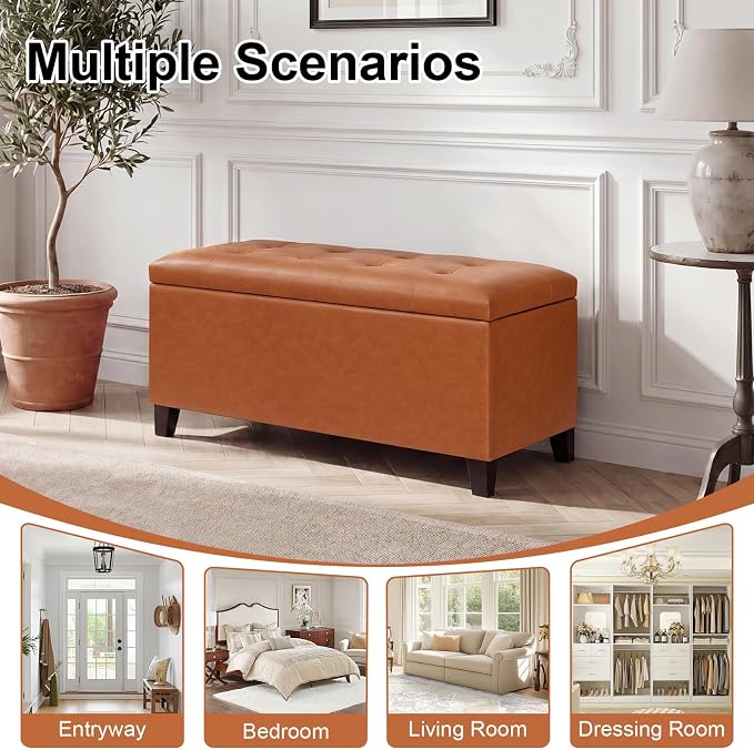 Storage Ottoman Bench, 33" Faux Leather Upholstered End of Bed Bench with Safety Hinge,Wooden Legs,for Entryway Bedroom Living Room