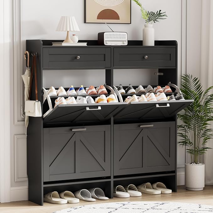 Shoe Cabinet with 4 Flip Drawers & 2 Top Drawers, 43" Tall Freestanding Narrow Wooden Shoe Storage Organizer for Entryway, Hidden Slim Shoe Rack for Front Door Entrance, Hallway, Living Room, Black