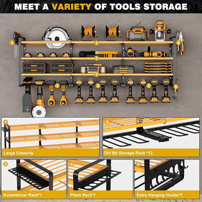 NattyDot Power Tool Organizer Wall Mount, 48-Inch 12 Drill Holders, Yellow | Extra-wide 48-inch Heavy-duty Wall Rack Stores 12 Cordless Drills and Assorted Tools, Maximizing Garage and Workshop Storage