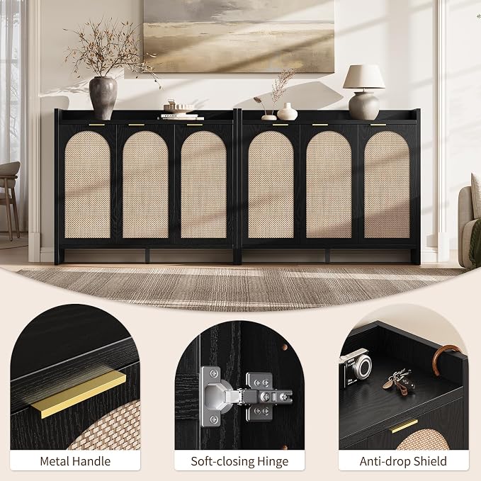 Shoe Cabinet Storage for Entryway - Rattan Accent Cabinet with 3 Doors & Adjustable Shelves, 6-Tier Large Wood Shoes Cabinets with Organizer Rack for Entry Way, Hallway, Living Room, Black