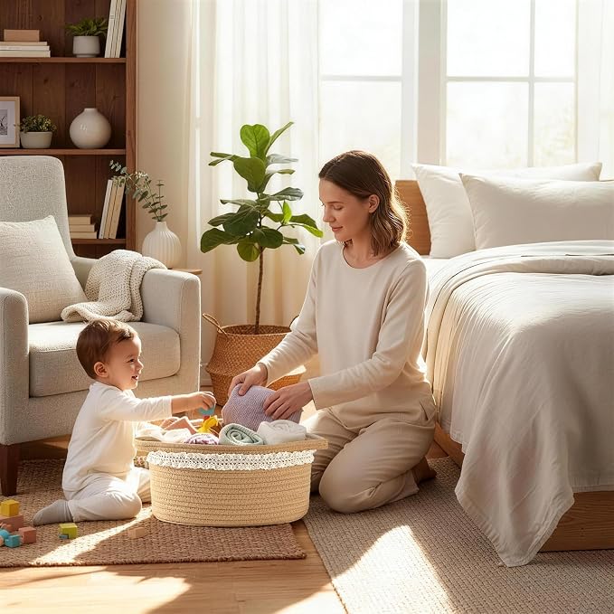 Happyiren Brown Woven Cotton Rope Storage Basket with Lace Trim | Collapsible Toy Organizer, 13" D x 8" W x 6" H, Decorative Basket for Nursery