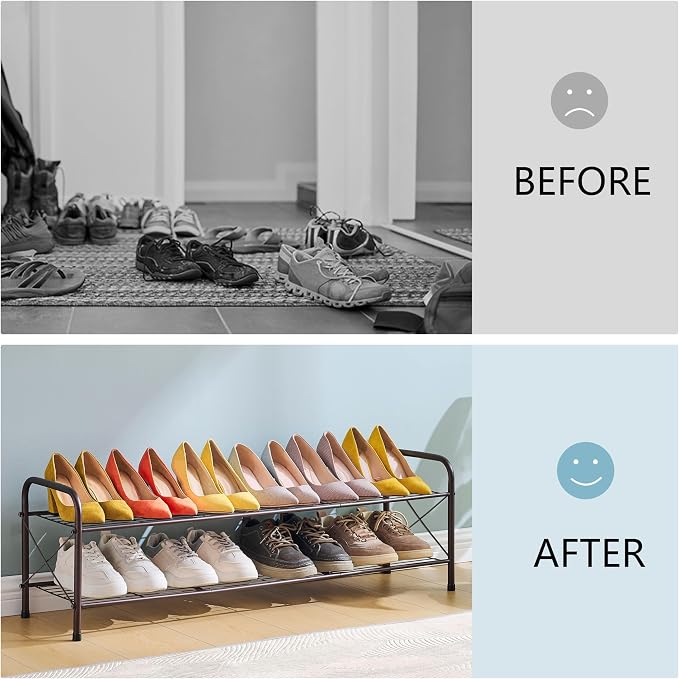 Hoctieon 2 Tier Shoe Rack for Closet, Shoe Rack FreeStanding, Entryway Shoe Shelf, Shoe Storage Organizer, Durable Mesh Style Shoe Rack, Space Save for Garage, Bedroom, Living Room, Wardrobe, Brown