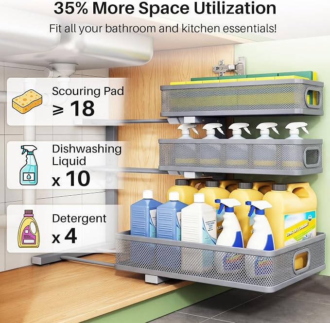 Kitstorack Under Sink Organizer, 1-Pack 3-Tier Height Adjustable Thickened Metal Pull out Cabinet Organizer Shelf, Slide out Storage Drawer Rack for Bathroom Kitchen Pantry Home Organization, Grey