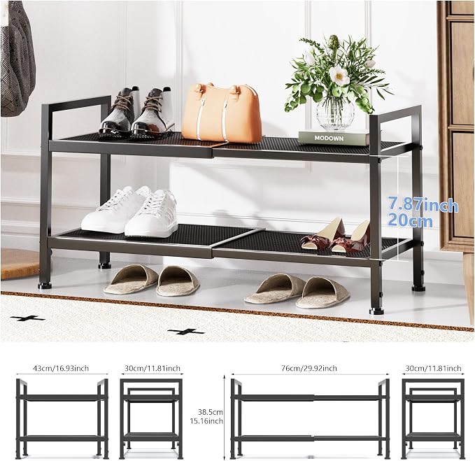 2 Tier Shoe Rack, Expandable Shoe Rack for Closet, Adjustable Shoe Organizer for Entryway, Shoe Storage Organizer for Door Entrance, Garage, Bedroom