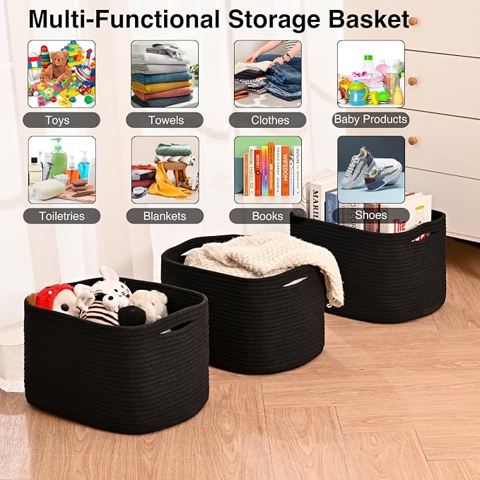 ICERZCZ Black Storage Baskets for Organizing Shelves, Toy Basket for Nursery, Woven Cotton Rope Basket for Decor, Towel Baskets for Bathroom, 15"x11"x9.5", 3 Packs, Black
