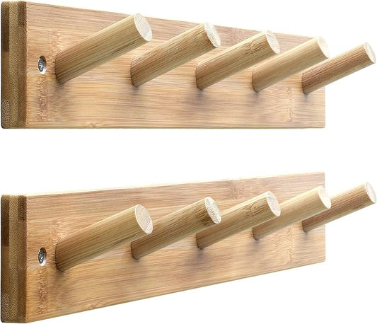 SKOLOO Wooden Wall Mounted Coat Rack,16'' Hole to Hole, 5 Pegs Bamboo Wall Hook for Hanging Clothes Robes Towels Hats,Natural Gold