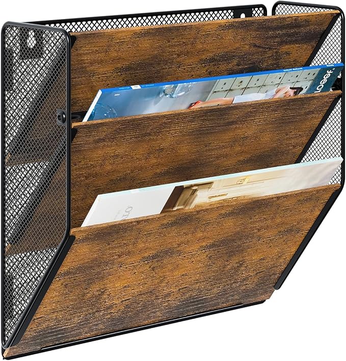 Wall File Organizer for Office, 3-Tier Rustic Hanging File holder Wall Storage Rack for Documents/Magazine/Literature/File Folders/Mails/Envelopes, Brown