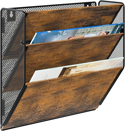 Wall File Organizer for Office, 3-Tier Rustic Hanging File holder Wall Storage Rack for Documents/Magazine/Literature/File Folders/Mails/Envelopes, Brown