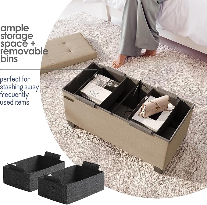 Storage Ottoman Bench with Bins, 30-in Storage Bench for Bedroom End of Bed, Folding Foot Rest Ottoman for Living Room Max 660lbs, Fabric Ottomans, Taupe