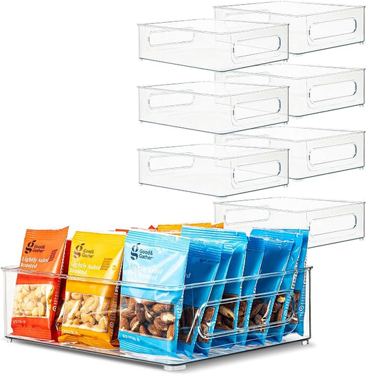 Plastic Food Storage 8 Pack Clear Container Bin with Handles for Organizing Kitchen, Pantry, Refrigerator, Freezer, Pantry, Cabinet, Closet, Bathroom. Stackable 10”x6”x3”