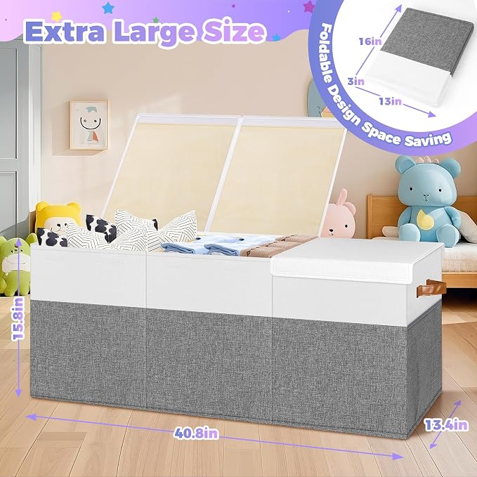 Extra Large Toy Box, Collapsible Toy Storage Chest with Lids, 40"X14"X16" | Sturdy Storage Organizer Bin with Divider for Kids, Boys, Girls, Playroom Bedroom Nursery Organization, White & Gray