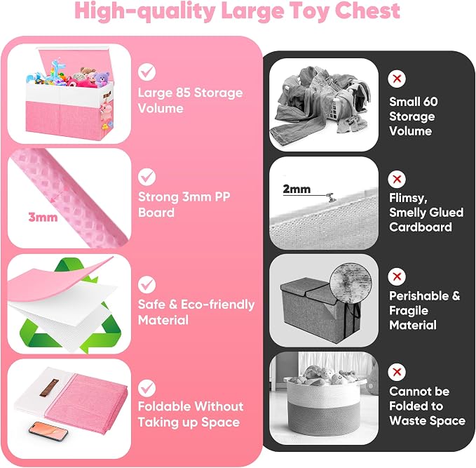 Large Toy Bins Box, Collapsible Toy Storage Chest With Lids, 25"x13"x16" | Sturdy Kids Toy Storage Box with 2 Pockets and Dividers for Boys Girls, Bedroom & Living room Organization, White & Pink