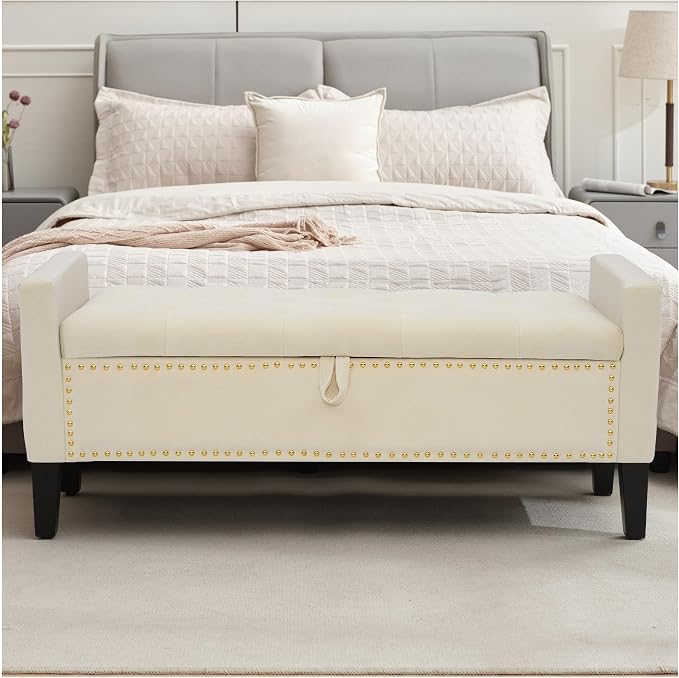 Storage Ottoman Bench, Velvet Upholstered Footstool, Beige | Frosted Flannel Seat with Storage, Wooden Legs & Metal Rivets, For Bedroom and Living Room