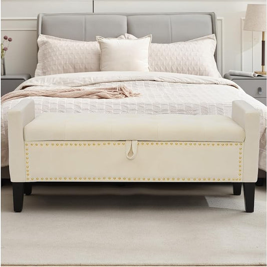 Storage Ottoman Bench, Velvet Upholstered Footstool, Beige | Frosted Flannel Seat with Storage, Wooden Legs & Metal Rivets, For Bedroom and Living Room