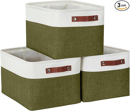 DECOMOMO Storage Bins, Large Fabric Storage Baskets for Shelves 3 Pack | 15 x 11 x 9.5 inches Decorative Linen Closet Organizers (Olive Green & White)