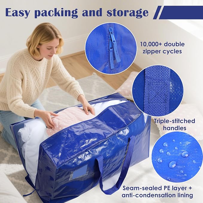12 Pack Moving Bags with Full-Open Side Zipper, Extra Large 93L Heavy Duty Waterproof Foldable Storage Totes for College Dorm, Moving & Home Organization Blue