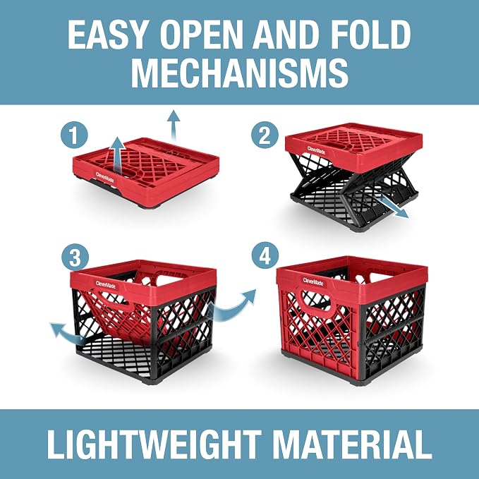 CleverMade Collapsible Milk Crate, 25L, 50 lb, Red | Built-in rails hold letter-size hanging files. Interlocking crates stack open or folded and carry up to 50 lb each.