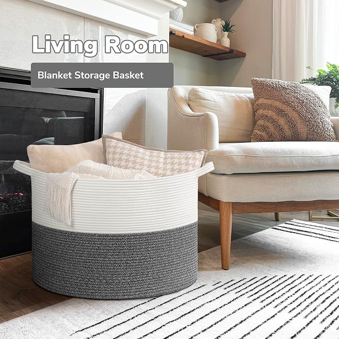 Goodpick Extra Large Woven Blanket Basket Living Room & Playroom, 115L | 23.5 x 23.5 x 15.8 In Woven Basket for Storage, Kids Toy Storage for Playroom, Laundry Basket for Towels, Gray