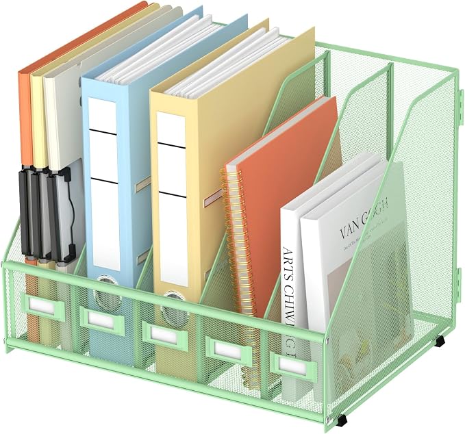 SUPEASY Desk Organizers Metal Desk Magazine File Holder with 5 Vertical Compartments Rack File Organizer for Office Desktop, Classroom, Home Workspace, Green, Plus