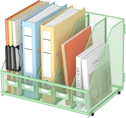 SUPEASY Desk Organizers Metal Desk Magazine File Holder with 5 Vertical Compartments Rack File Organizer for Office Desktop, Classroom, Home Workspace, Green, Plus