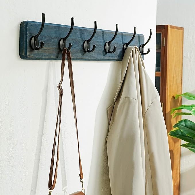 Coat Rack Wall: 24" Long, Patented, Heavy-Duty, 6-Double-Hooks Wooden Wall Mounted Coat Rack Coat Hanger Hook Rail for Winter Coats Hat Jacket Clothing, Weathered Blue