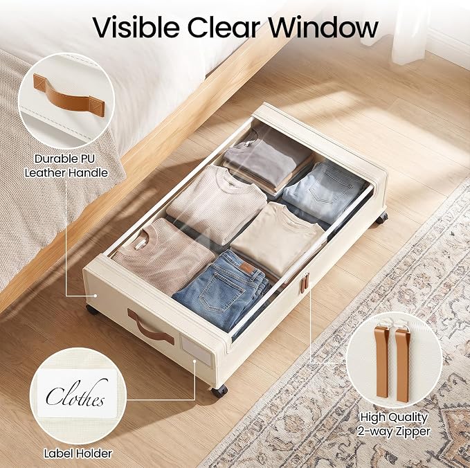 Yecaye Under Bed Storage with Wheels, 2 Pack Under Bed Storage Containers, 60L Underbed Shoe Storage with Clear Window & Label, Rolling Under Bed Metal Drawer for Clothes, Shoes, Books, Blankets