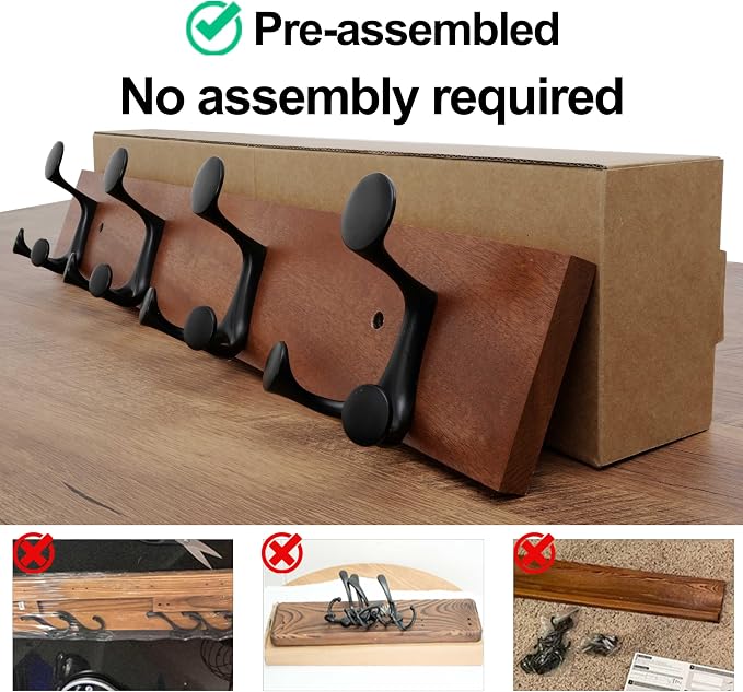 WEBI Coat Rack Wall Mount,24" Solid Wood Coat Hooks Wall Mounted Coat Hanger,16" Hole to Hole,Heavy Duty 4 Triple Hooks for Hanging Coats,Jacket,Hat,Backpack,Farmhouse,Reddish Brown,2 Packs
