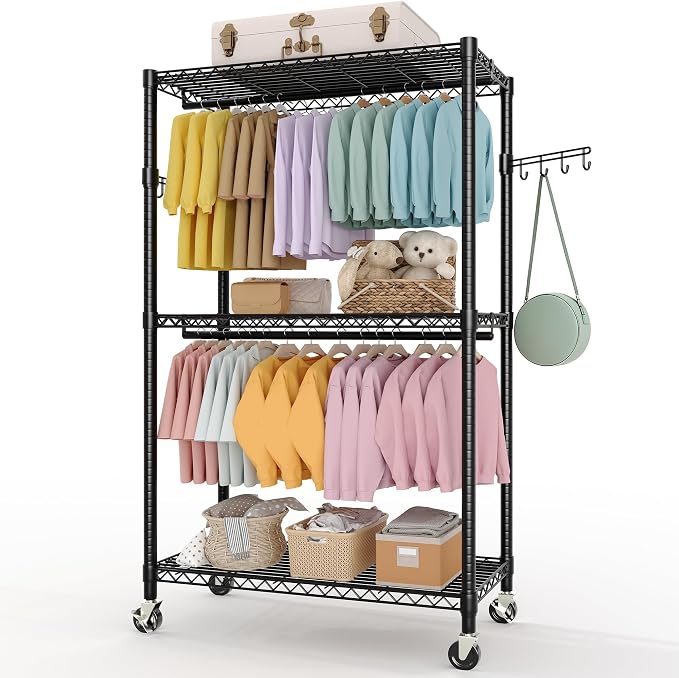 3 Tier Clothes Rack 727LBS Load Wardrobe Closet with Wheels & Adjustable Shelves & 2 Hanging Rod for Hanging Clothes 79.7" H x 45.2" W x 15.8" D Black