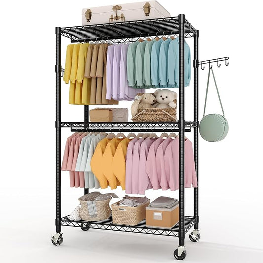 3 Tier Clothes Rack 727LBS Load Wardrobe Closet with Wheels & Adjustable Shelves & 2 Hanging Rod for Hanging Clothes 79.7" H x 45.2" W x 15.8" D Black