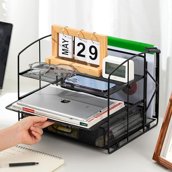 Amazon Basics Sturdy Rectangular Desktop Organizer with 3 Trays, Sliding Drawer and Hanging File Holder for Office Supplies, Black
