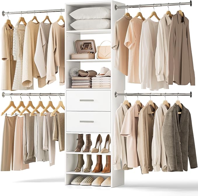 W2 Closet System with 2 Drawers, 3.5FT-7.7FT Closet Organizer System with 4 Chrome-Plated Telescopic Rods & 5 Adjustable Shelves, Custom Wood Walk-In Closet Clothing Rack, White