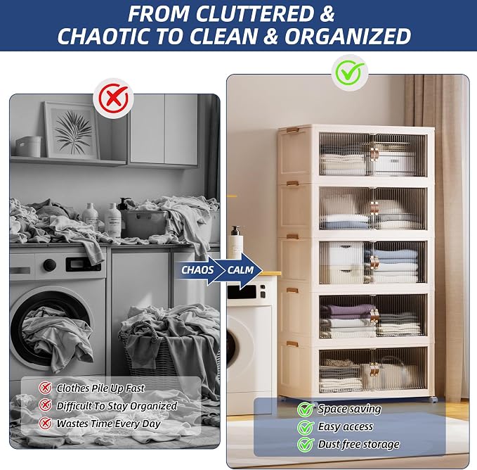 SAILUN 145Gal/580Qt Stackable Storage Bins Folding Collapsible Storage Bins with a Lid, Closet Organizers and Storage,Blush White 26" W x 17" D x 71" H