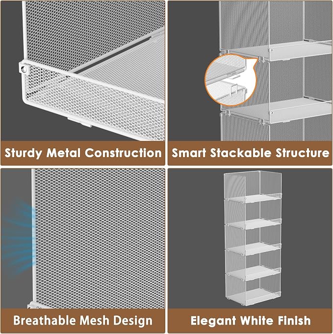Tiaoheka 5-Tier Stackable Closet Organizers and Storage, Metal Wire Storage Shelves for Closet, Mesh Closet Shelves and Storage Bins for Clothes, Sweaters and Handbags