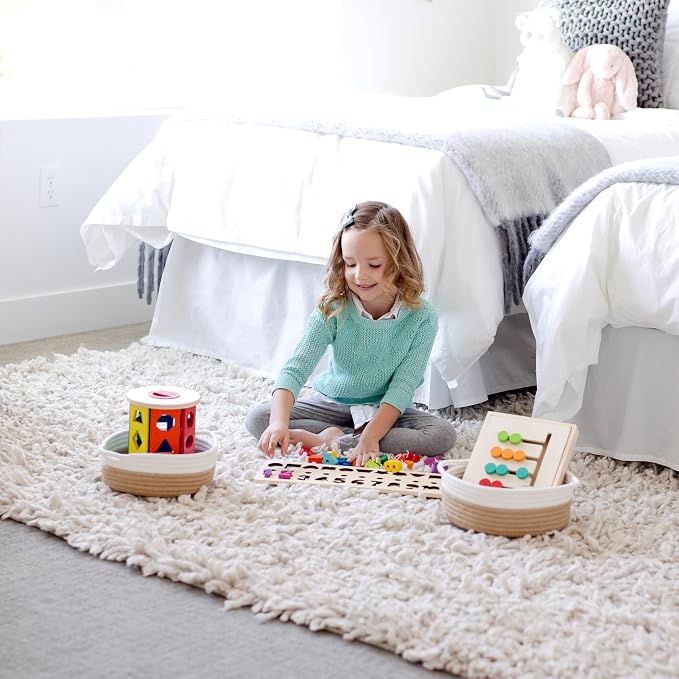 5-Piece Round Woven Cotton Rope Storage Baskets for Organizing, Small Shallow Nesting Set for Montessori Toys, Entryway Catchall, Fruit Bowl, Key Tray, Remote Holder, Nursery & Pet Toys