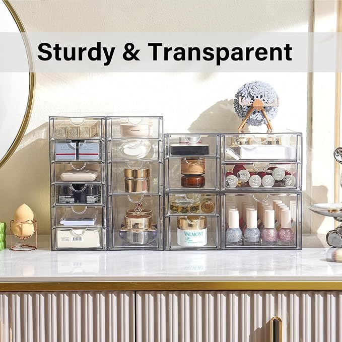 Prsildan 17 Drawers Teacher Toolbox Office Supply Organizer, Set of 4 | Clear Acrylic, Pull Out, Craft Desk Art Supply Accessories Vanity Countertop Bathroom Kitchen Cabinet Makeup Storage