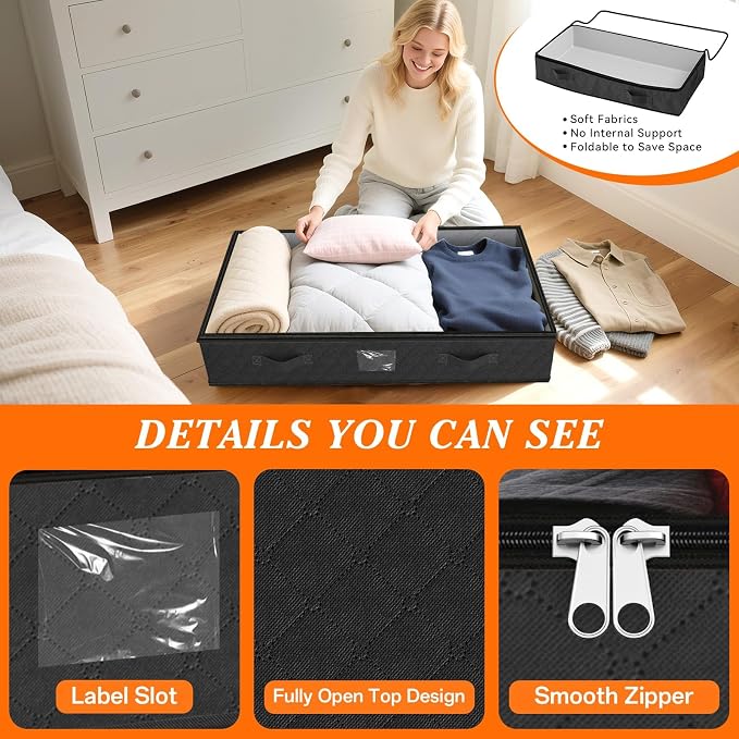 90L Under Bed Storage Containers, Storage Bags, Organizers, 4-Pack, Black | Foldable, Soft Fabric, Closet Organizers, Reinforced Handle, Label Holder, Clear Window, for Comforters, Clothing, Blankets