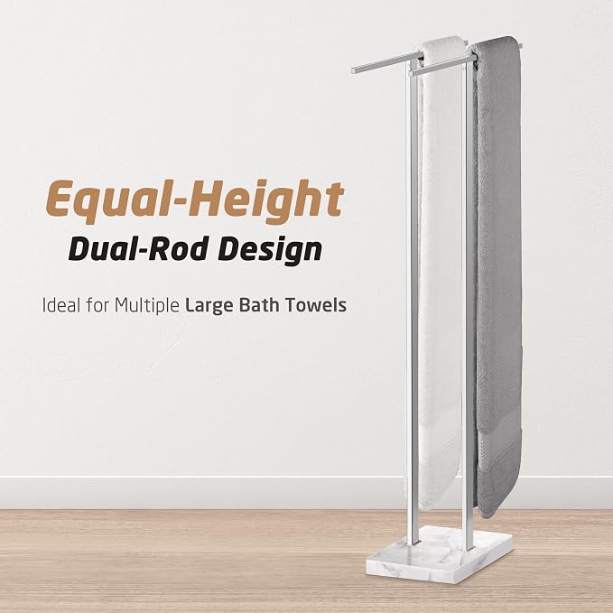 KES Standing Towel Rack, 37" H, 18/8 Stainless Steel & Marble Base Polished | Equal-Height Rods, 8.23 Lbs Heavy Base, Fits Towels Up To 70", Freestanding Design, Bathroom Floor, Modern