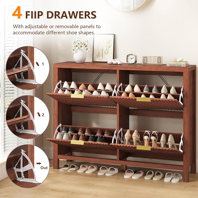 47" Fluted Shoe Cabinet Stoarge with 4 Flip Drawers for Entryway, Hallway | Hidden Shoe Rack Slim Freestanding Shoe Organizer with Legs for Hallway, Living Room, Red Walnut
