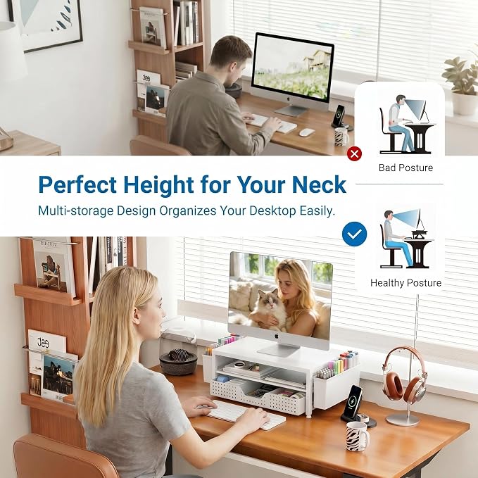 OPNICE Desk Organizers and Accessories, Computer Monitor Stand Riser with Drawer and 2 Pen Holders, Printer & Laptop Stand, Office Desk Accessories & Workspace Organizers for Home Office Supplies, White