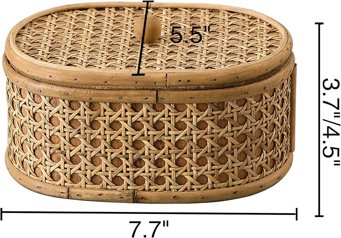 SOFE Rattan Decorative Box with Lid, Small Oval Box for Storage, Hand-Woven Display Boxes for Organizing Jewelry, Candies, Snacks, Keys, Farmhouse & Boho & Modern Home Decor, Dresser Decor
