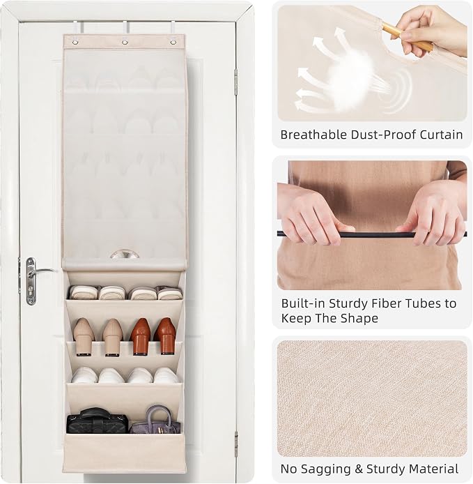 STORAGE MANIAC Over the Door Shoe Organizer with Curtain Dustproof Heavy-Duty Large Deep Pocket Hanging Shoe Organizer for Closet Dorm & Narrow Door Storage Shoe Holder Shoe Rack, 9-Shelf Beige 1 Pack