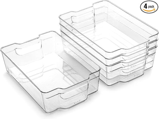BINO | Stackable Storage Bins, Large - 4 Pack | The Stacker Collection | Clear Plastic Storage Bins | Organization and Storage Containers for Pantry & Fridge | Multi-Use Organizer Bins | BPA-Free