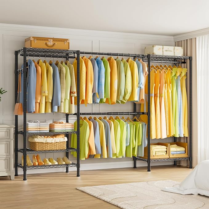 SEMHOR E06 Expandable Heavy Duty Clothes Rack for Reach-in Closet | Freestanding Clothing Racks with Shelves, Carbon Steel Closet Organizer System Adjustable 70.8-93.9", Max Load 800LBS, Black
