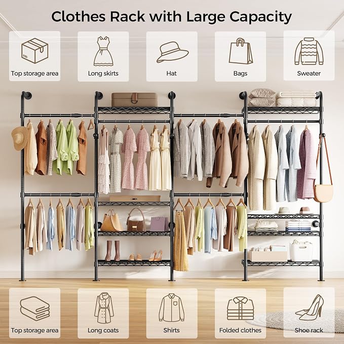 Closet Organizers and Storage, 4-Row Heavy Duty Clothes Rack for Hanging Clothes, Wall Mounted Closet System with 4 Telescopic Rods, 2 Fixed Rods, 5 Hooks, 8 Shelves for Wardrobe, Bedroom, Small Space