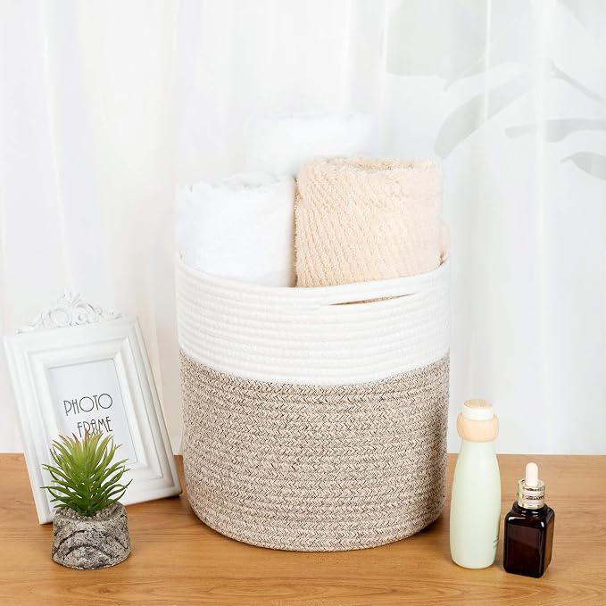 11 x 11 Inches Cotton Rope Basket for Flower Pot and Indoor Floor Planters, Decorative Round Woven Plant Pot Basket, Planter Covers, Small Dog Toy Storage Baskets, Light Brown