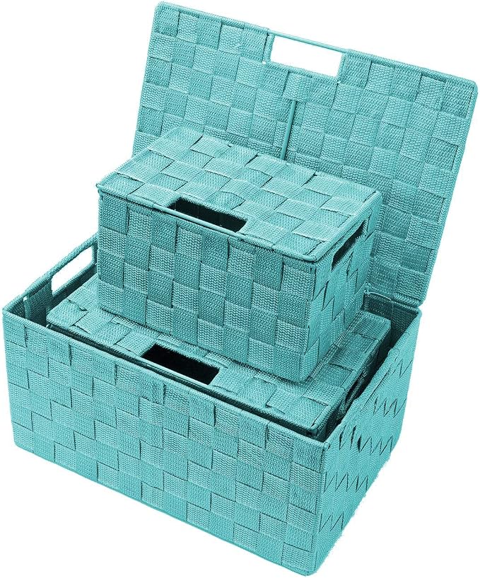 Sorbus Set of 3 Hand-Woven Storage Baskets with Lids – Decorative Wicker Organizers for Home, Closet, or Shelves (Aqua)